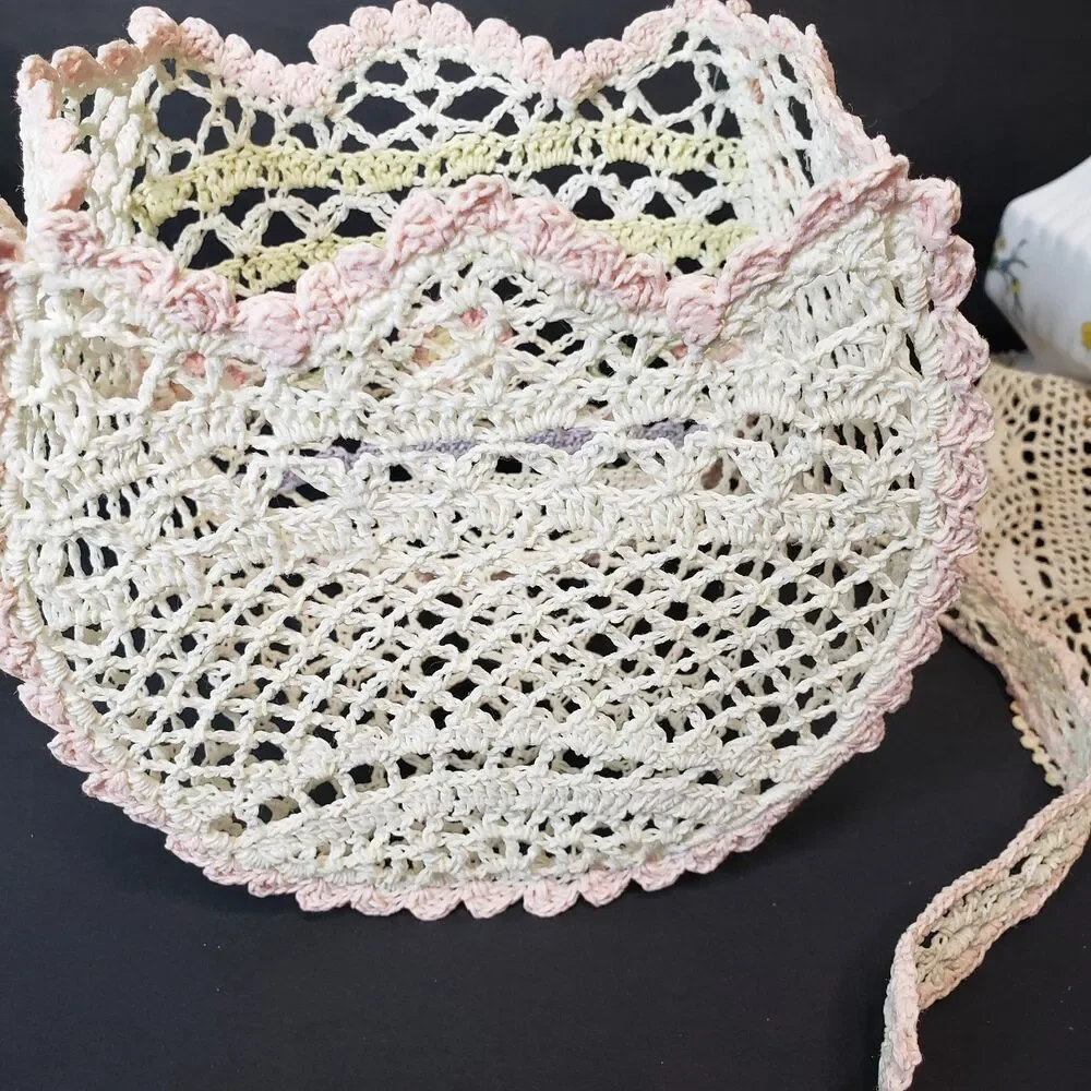 Vintage Crochet Pastel Delicate Lace Easter Starched Basket NEED Repairing